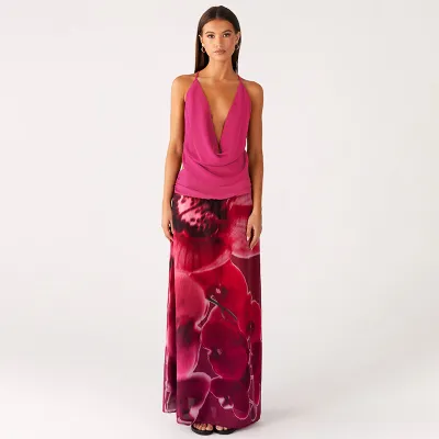 Women Fashion Sexy Summer Cowl Neck Backless Top Mesh Printed Slim-Fit Maxi Skirt Two-Piece Set