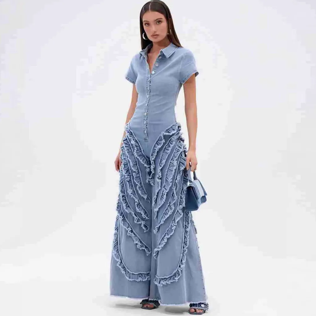 Women Fashion Lapel Short Sleeve Single Breasted Wide Leg Denim Jumpsuit