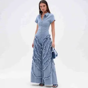 Women Fashion Lapel Short Sleeve Single Breasted Wide Leg Denim Jumpsuit