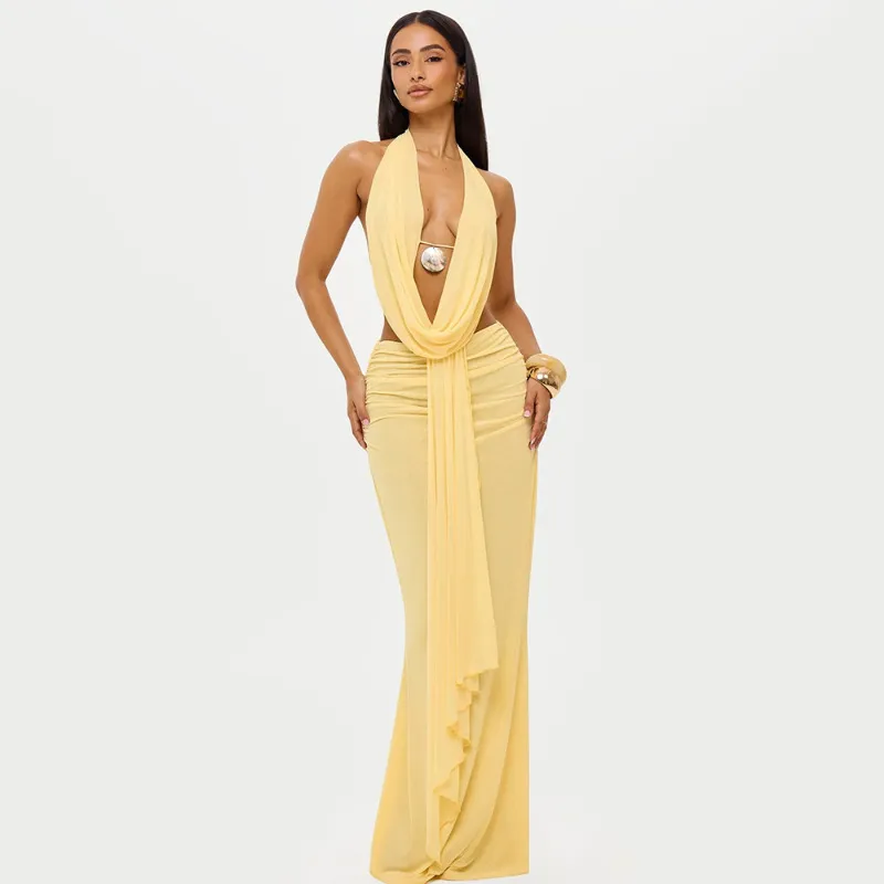 Women Fashion Sexy Summer Solid Color Cowl Neck Backless Top Pleated Maxi Skirt Twwo-Piece Set