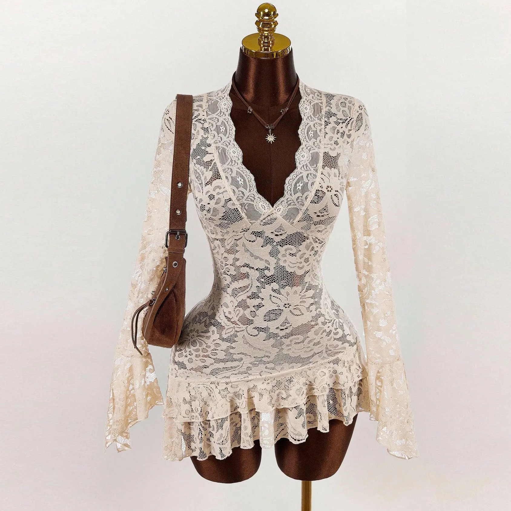 Women Fashion Sexy Solid Color Hollow Lace Perspective V-Neck Long-Sleeve Tight Waist Dress
