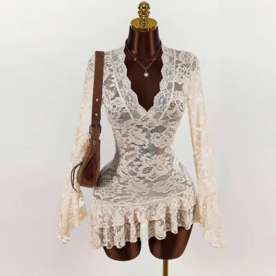Women Fashion Sexy Solid Color Hollow Lace Perspective V-Neck Long-Sleeve Tight Waist Dress