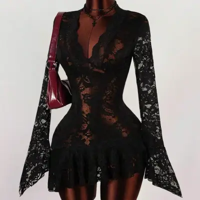 Women Fashion Sexy Solid Color Hollow Lace Perspective V-Neck Long-Sleeve Tight Waist Dress