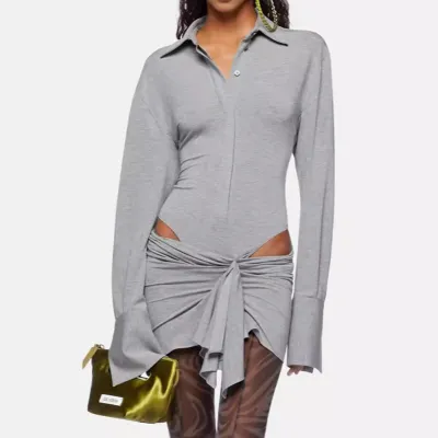 Women Fashion Sexy Spring Solid Color Irregular Stitching Lapel Long Sleeve Dress
