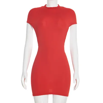 Women Fashion Sexy Summer Solid Color Short-Sleeve Backless Dress