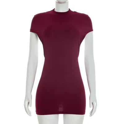 Women Fashion Sexy Summer Solid Color Short-Sleeve Backless Dress