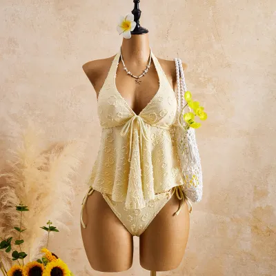 Women Fashion Sexy Solid Color Lace Halter-Neck Tankini Swimsuit
