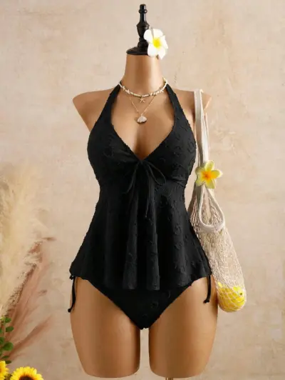 Women Fashion Sexy Solid Color Lace Halter-Neck Tankini Swimsuit