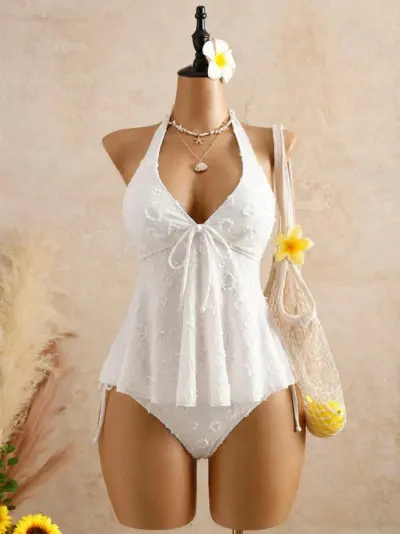 Women Fashion Sexy Solid Color Lace Halter-Neck Tankini Swimsuit