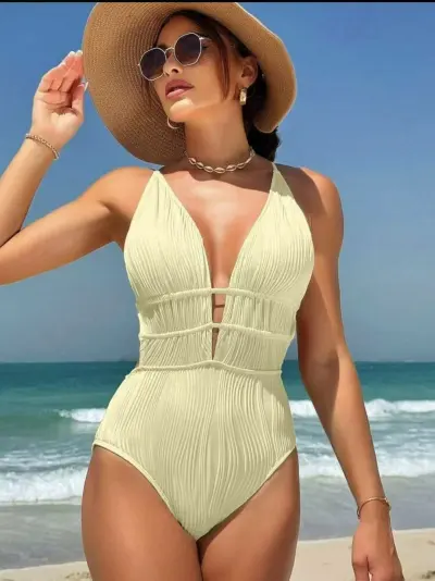 Women Fashion Sexy Solid Color Backless Lace-Up One-Piece Swimsuit