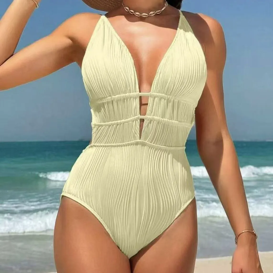 Women Fashion Sexy Solid Color Backless Lace-Up One-Piece Swimsuit