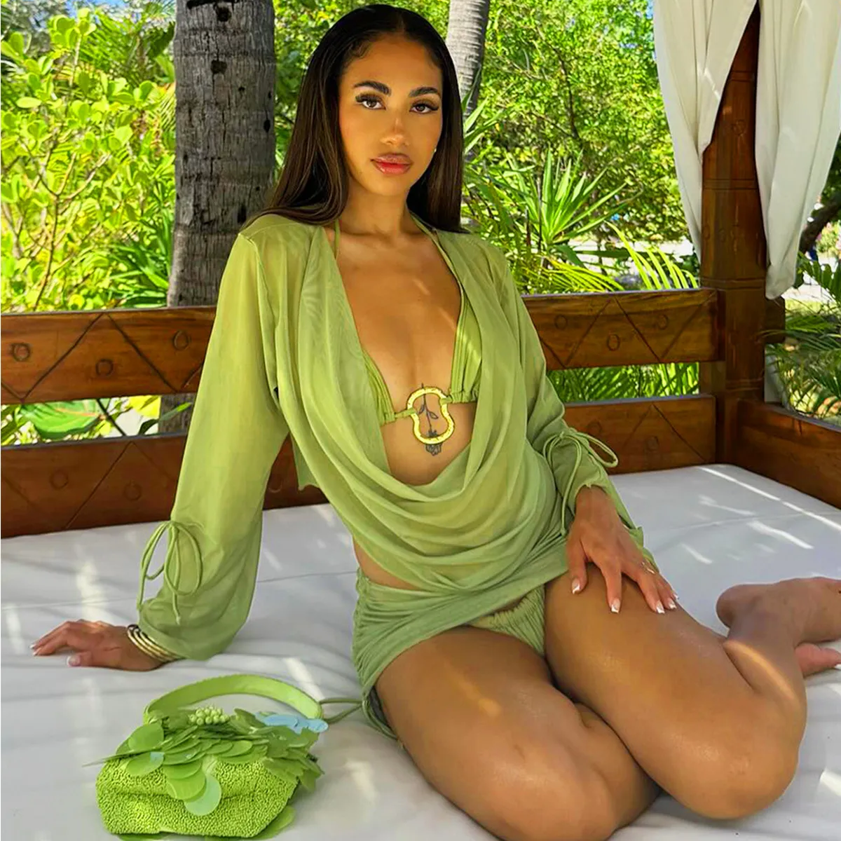 Women Sexy Solid Color Hollow Out Navel Cowl Neck Long Sleeve Top And Skirt Three-Piece Set