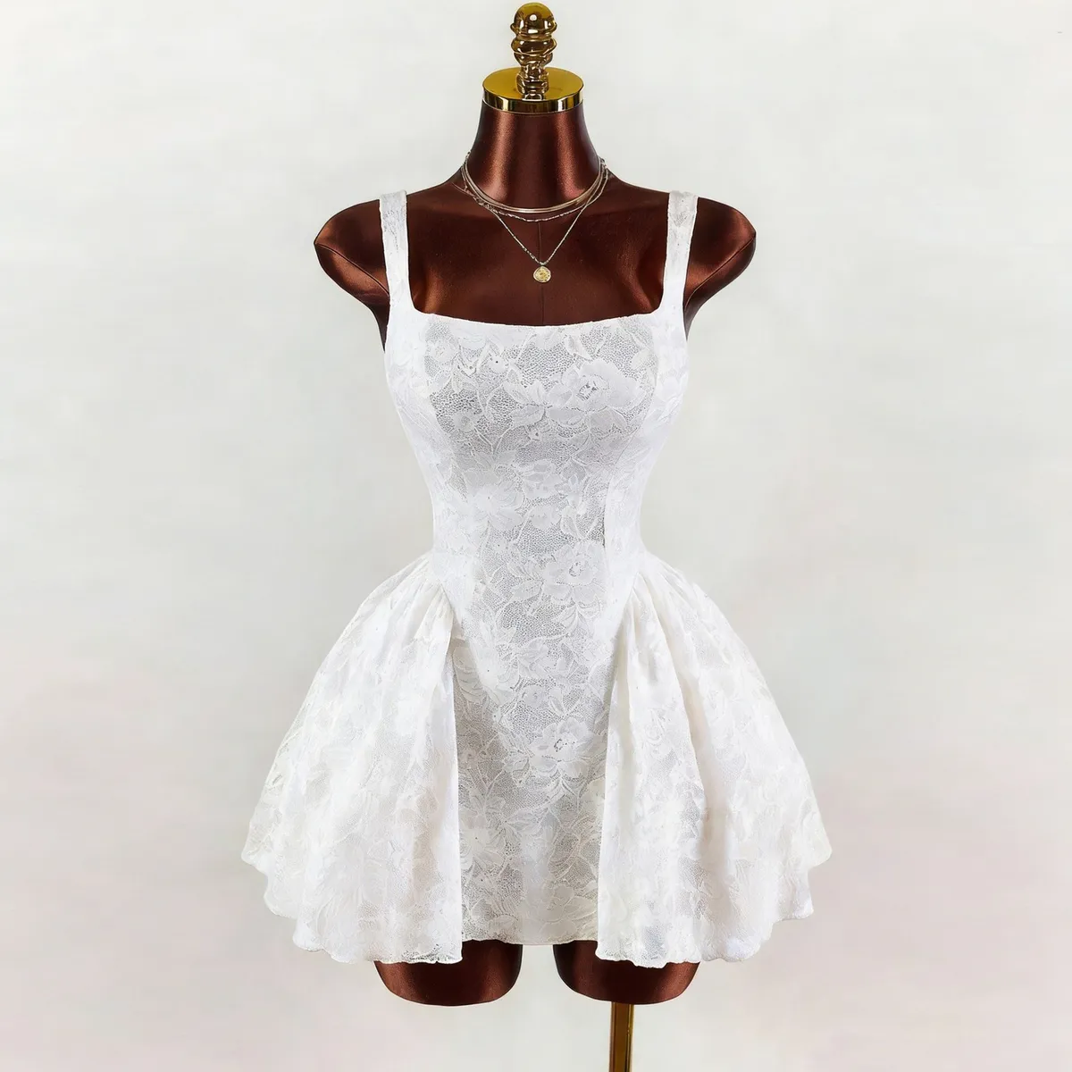 Women Fashion White Lace Square Collar Dress