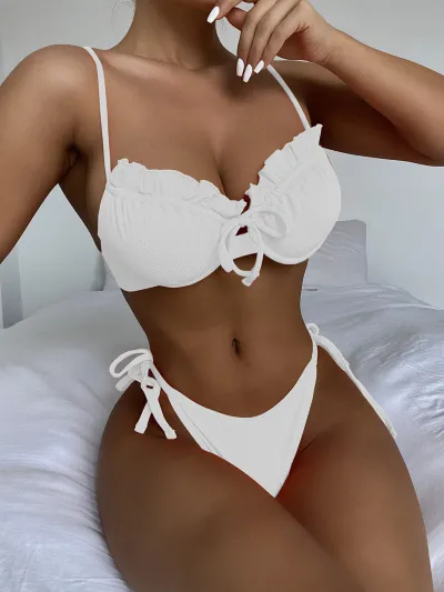 Women Fashion Sexy Solid Color Steel-Support Lotus Leaf Lace Bikini Swimsuit