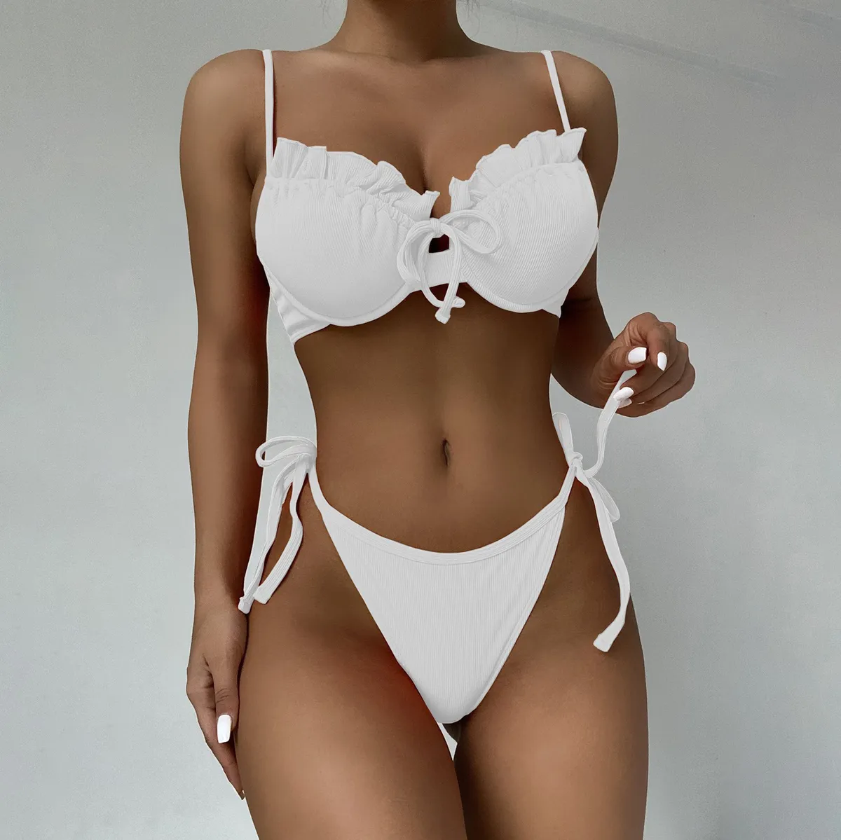Women Fashion Sexy Solid Color Steel-Support Lotus Leaf Lace Bikini Swimsuit