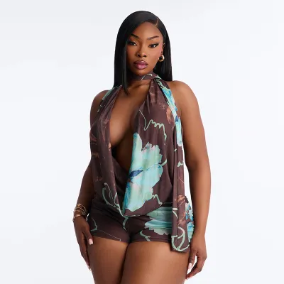 Women Fashion Sexy Printed Cowl Neck Backless Rompers