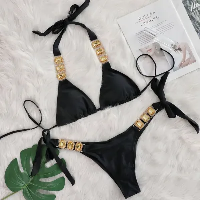 Women Fashion Sexy Solid Color Rhinestone Halter-Neck Lace-Up Bikini Swimsuit