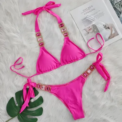 Women Fashion Sexy Solid Color Rhinestone Halter-Neck Lace-Up Bikini Swimsuit