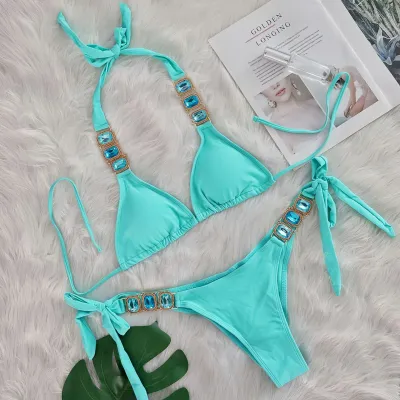 Women Fashion Sexy Solid Color Rhinestone Halter-Neck Lace-Up Bikini Swimsuit