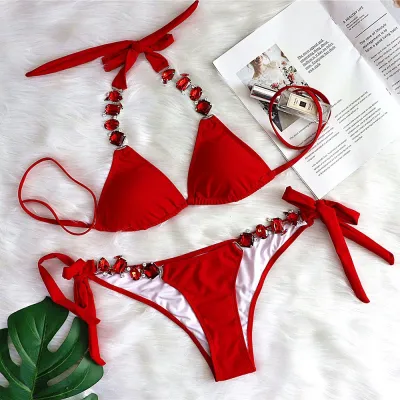 Women Fashion Sexy Solid Color Bright Rhinestone Strap Halter-Neck Lace-Up Bikini Swimsuit