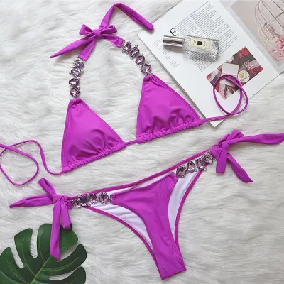 Women Fashion Sexy Solid Color Bright Rhinestone Strap Halter-Neck Lace-Up Bikini Swimsuit