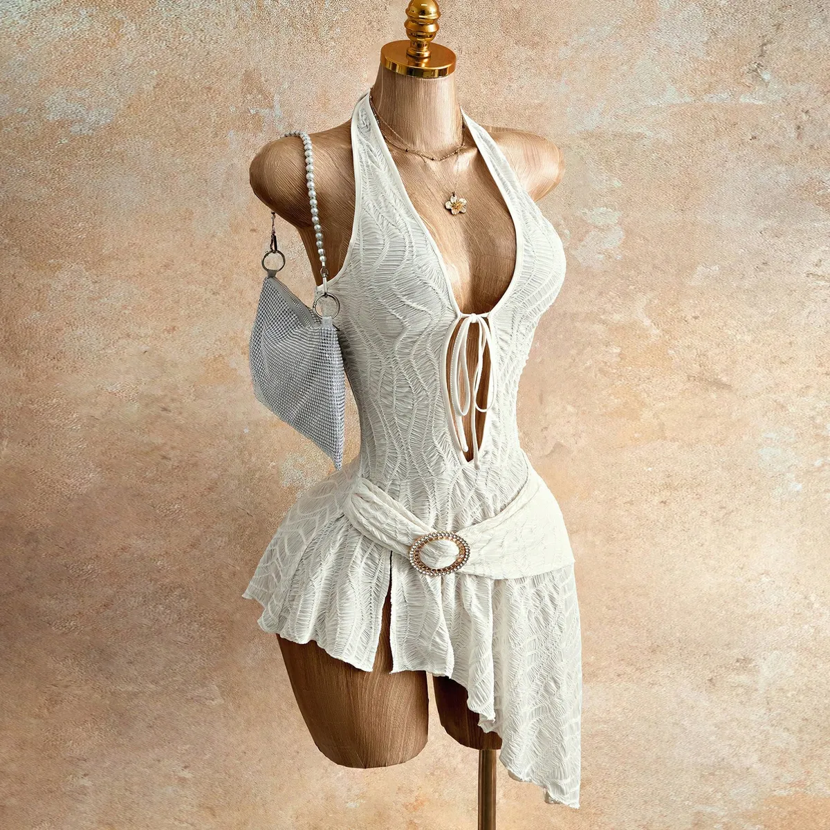 Women Fashion Hanging Neck Deep V Strap Irregular Sexy Dress