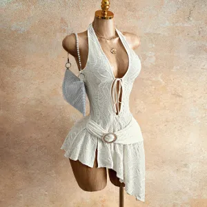 Women Fashion Hanging Neck Deep V Strap Irregular Sexy Dress