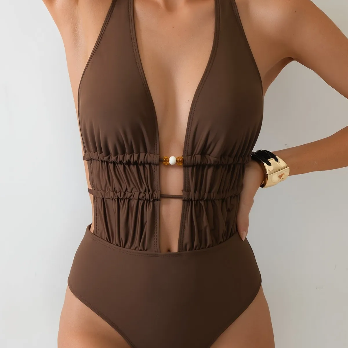 Women Fashion Sexy Solid Color Strap Halter-Neck Lace-Up One-Piece Swimsuit