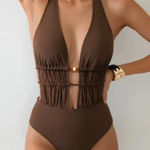 Women Fashion Sexy Solid Color Strap Halter-Neck Lace-Up One-Piece Swimsuit