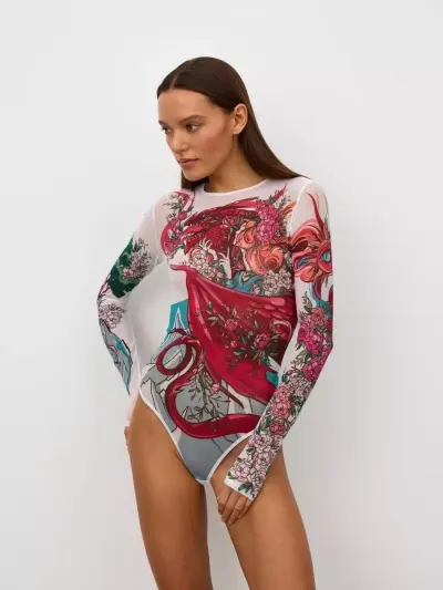 Women Fashion Sexy Printed Long-Sleeve One-Piece Swimsuit