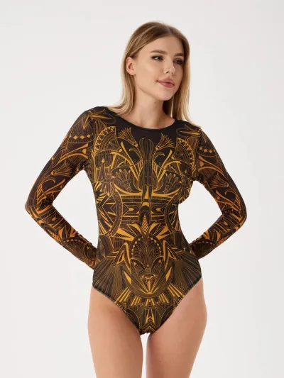 Women Fashion Sexy Printed Long-Sleeve One-Piece Swimsuit