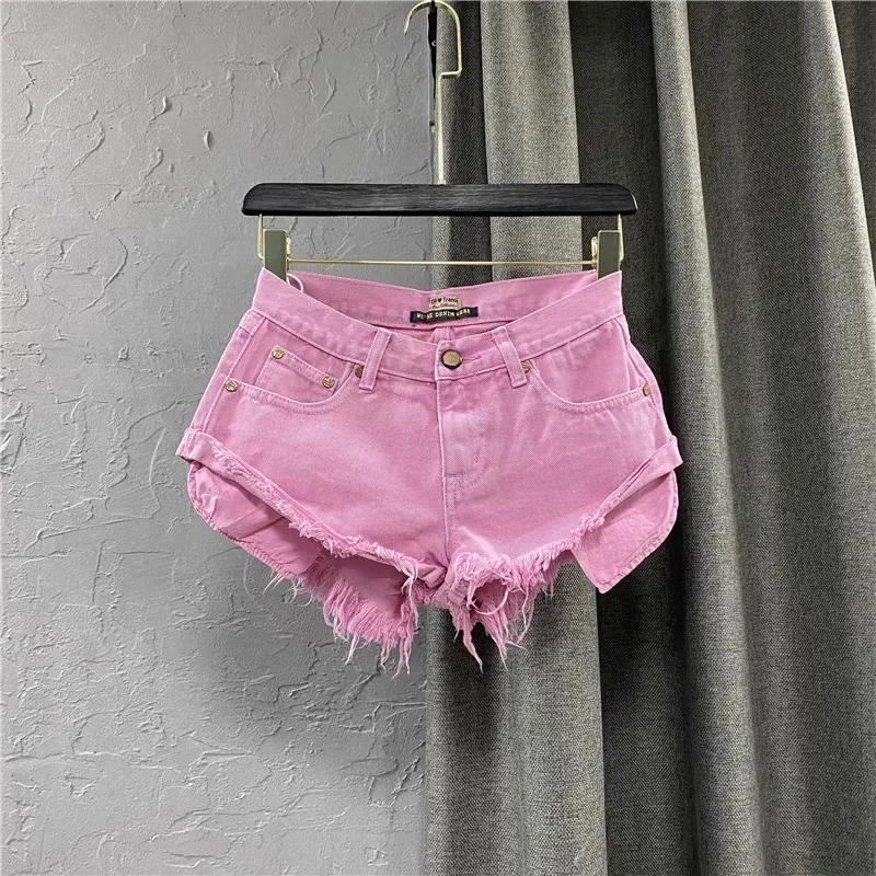 Women Fashion Low Waist Pink Denim Shorts