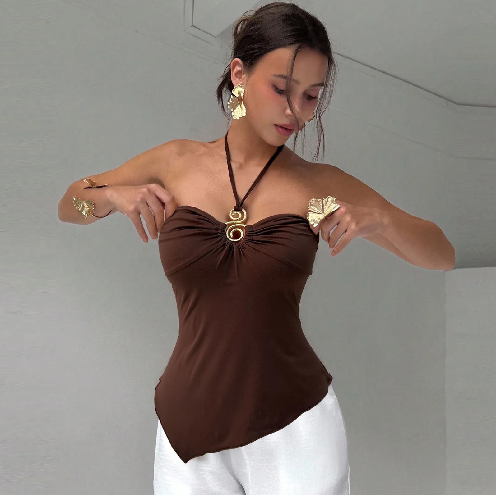 Women Fashion Sexy Summer Solid Color Halter-Neck Lace-Up Slim-Fit Camisole