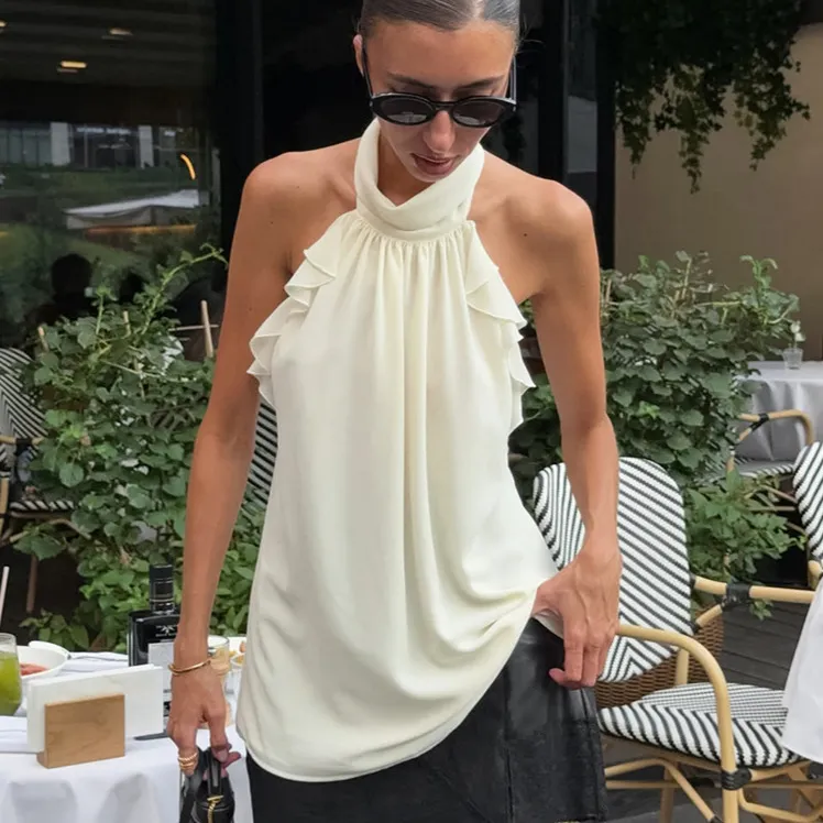Women Fashion Sexy Summer Solid Color Chiffon Ruffled Halter-Neck Sleeveless Backless Tank Top