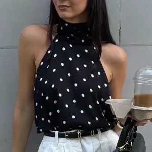 Women Fashion Sexy Summer Polka Dot Print Halter-Neck Lace-Up Tank Top