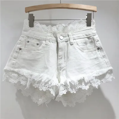 Women Fashion Lace Stitching Denim Shorts