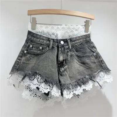 Women Fashion Lace Stitching Denim Shorts