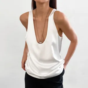 Women Fashion Sexy Summer Solid Color Satin U-Neck Sleeveless Tank Top