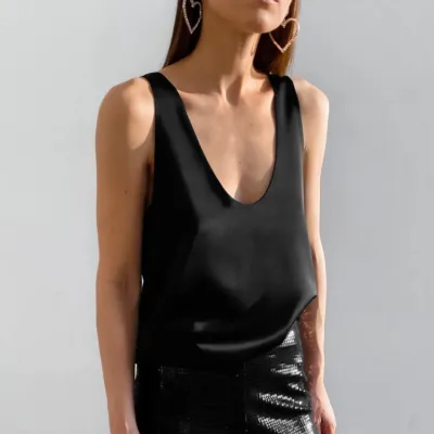 Women Fashion Sexy Summer Solid Color Satin U-Neck Sleeveless Tank Top