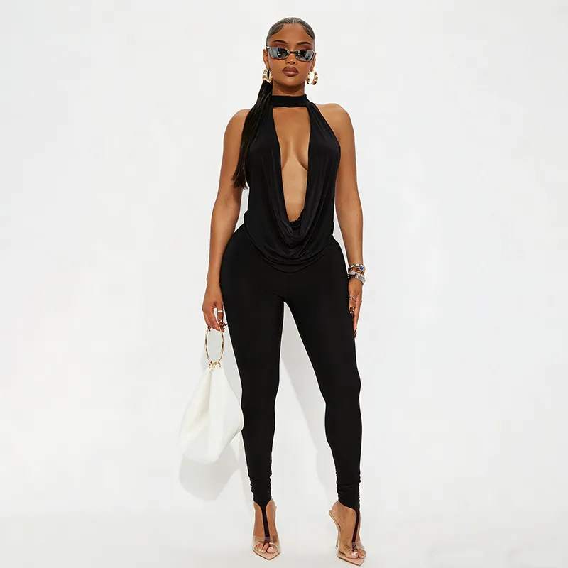 Women Fashion Sexy Solid Color Cowl Neck Top Tight Pants Two-Piece Set