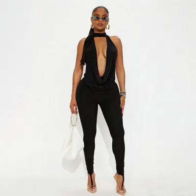 Women Fashion Sexy Solid Color Cowl Neck Top Tight Pants Two-Piece Set