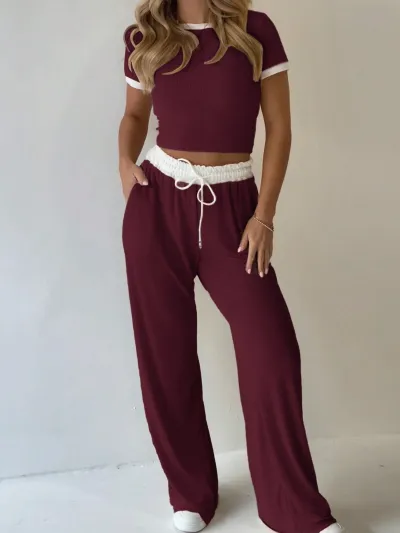 Women Fashion Casual Spring And Summer Short Sleeve T-Shirt Wide Leg Pants Two-Piece Set