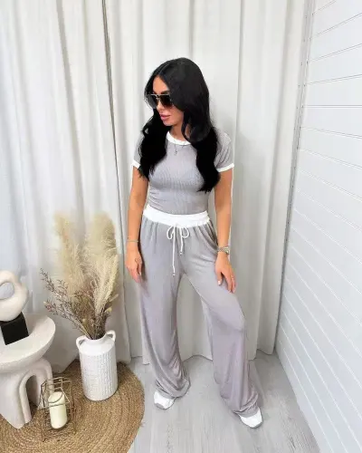 Women Fashion Casual Spring And Summer Short Sleeve T-Shirt Wide Leg Pants Two-Piece Set