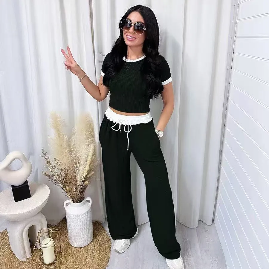 Women Fashion Casual Spring And Summer Short Sleeve T-Shirt Wide Leg Pants Two-Piece Set