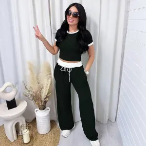 Women Fashion Casual Spring And Summer Short Sleeve T-Shirt Wide Leg Pants Two-Piece Set