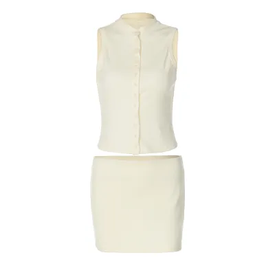 Women Fashion Sexy Summer Solid Color Sleeveless Single-Breasted Cardigan Mini Skirt Two-Piece Set