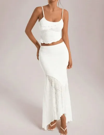 Women Fashion Sexy Summer Solid Color Lace Ruffled Camisole Maxi Skirt Two-Piece Set