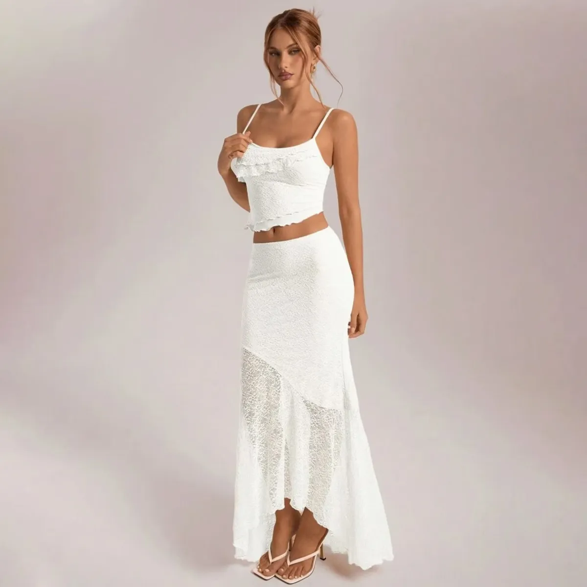 Women Fashion Sexy Summer Solid Color Lace Ruffled Camisole Maxi Skirt Two-Piece Set