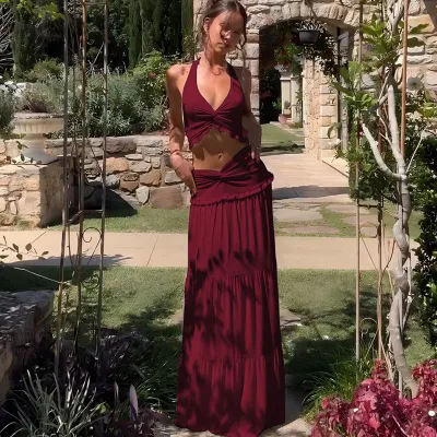 Women Fashion Sexy Summer Solid Color Pleated Halter-Neck Crop Top Maxi Skirt Two-Piece Set