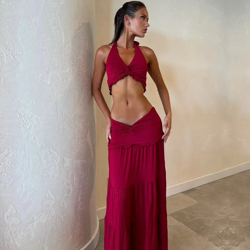 Women Fashion Sexy Summer Solid Color Pleated Halter-Neck Crop Top Maxi Skirt Two-Piece Set